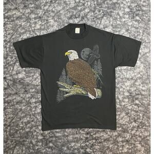 Vintage 90s LSJ Eagle TShirt Woods Nature 3D Black Size Large USA COTTON GROVE